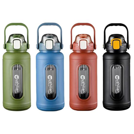 2000ML Glass Drinking Bottle with Straw Handle Stainless Steel Tea Infuser And Silicone Sleeve Leak-Proof Motivational Water Bottle for Daily Intake