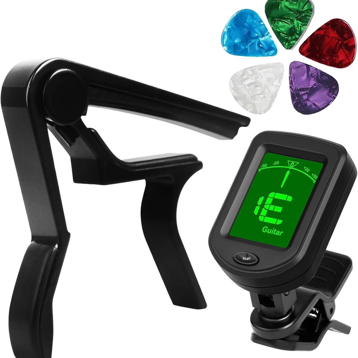 Black Wood Grain Guitar Capo & Tuner Pick Set for Ukulele and Classical Guitars