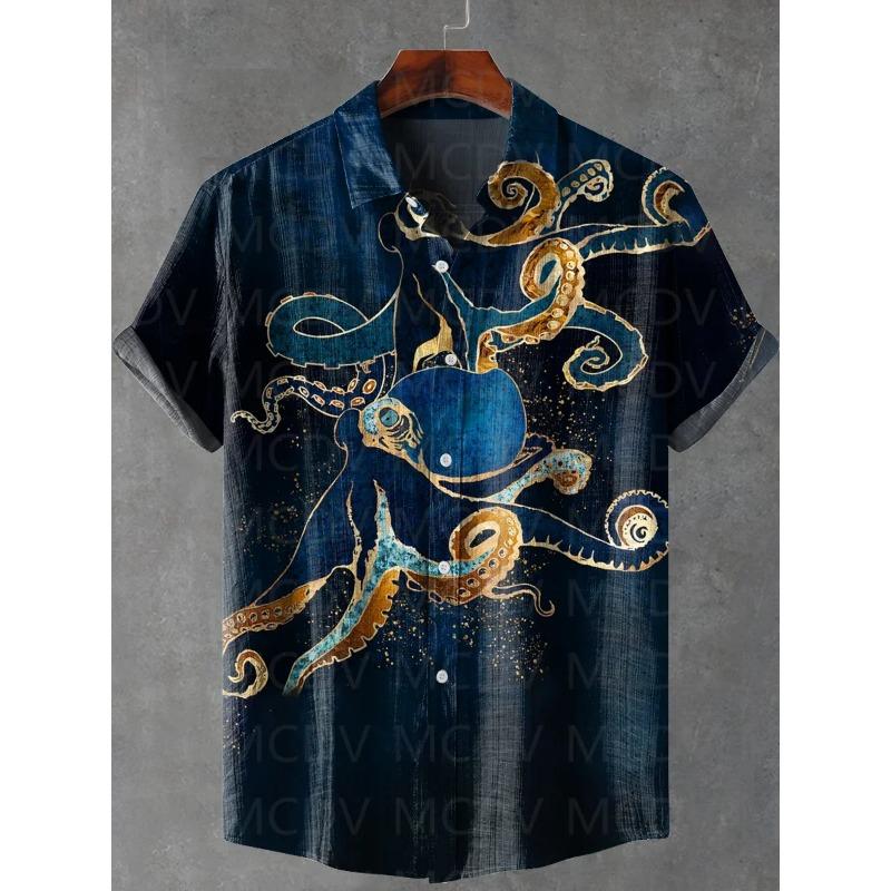 Deep Sea Octopus Art Print Lapel Casual Hawaiian Shirt Printed Style Short Sleeve Casual Shirt Men's