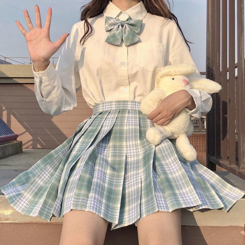 Japanese JK Sailor Suit: Teen Spring/Summer Full Set with Embroidered Shirt & Pleated Grid Skirt