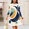 Women Plus Size Round Neck Long Sleeve Midi Dress Golden Moon Wine Glass Floral Art Print High Waist Swing Dress