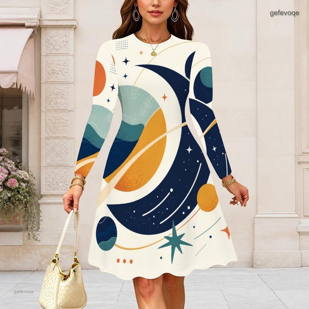 Women Plus Size Round Neck Long Sleeve Midi Dress Golden Moon Wine Glass Floral Art Print High Waist Swing Dress