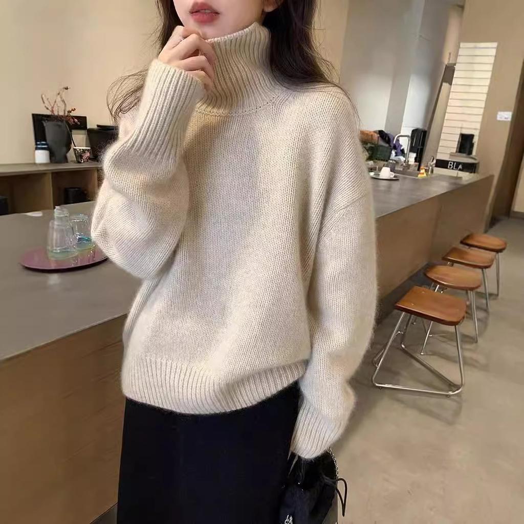 Women's Autumn Winter Lazy Style Thick Cashmere Sweater Women Turtleneck Pullover Tops Solid Warm Lazy Loose Knitted Casual Base Jumper