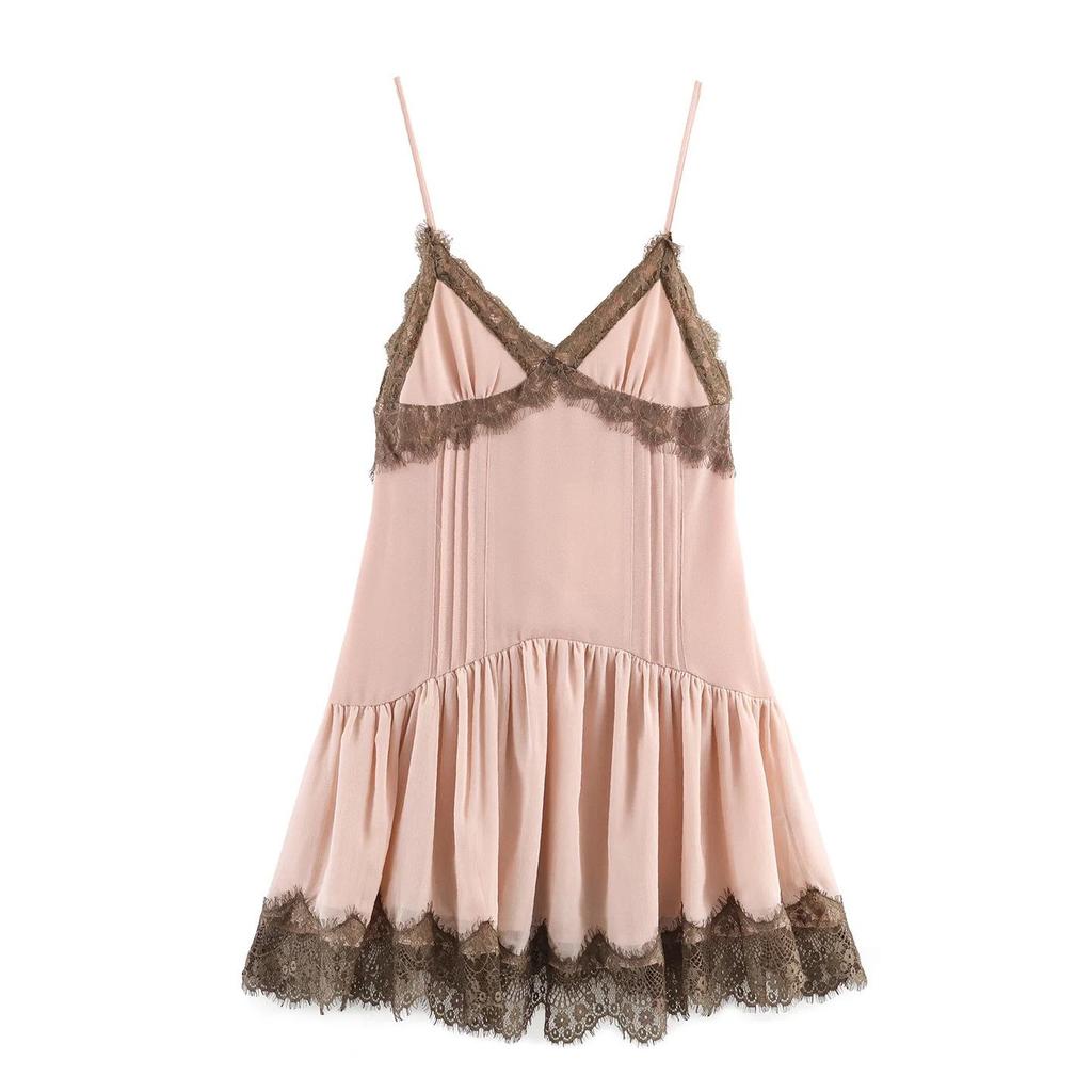 Sweet & Spicy Lace Patchwork Sleeveless Camisole Dress with Contrasting V-Neck Mini Skirt