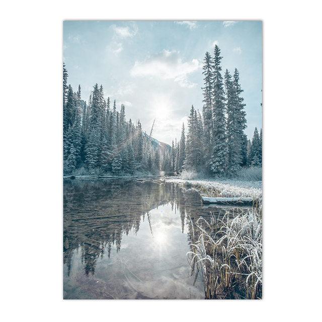 Winter Lake Mountain Canvas Painting Snow Tree Deer Wall Art Picture Print Natural Landscape Nordic Poster Room Home Decor Gifts