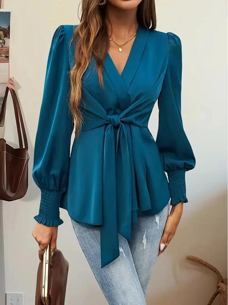 2026 Autumn Elegant V-Neck Lace-Up Waist-Cinching Solid Color Women's Shirt