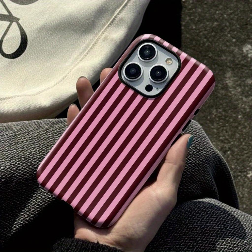 Pink Striped Lines Simple Stylish Two-in-One Protective Case, Durable Shockproof Cover for iPhone 17 16 15 14 13 12 11 Plus Pro Max, 1pc