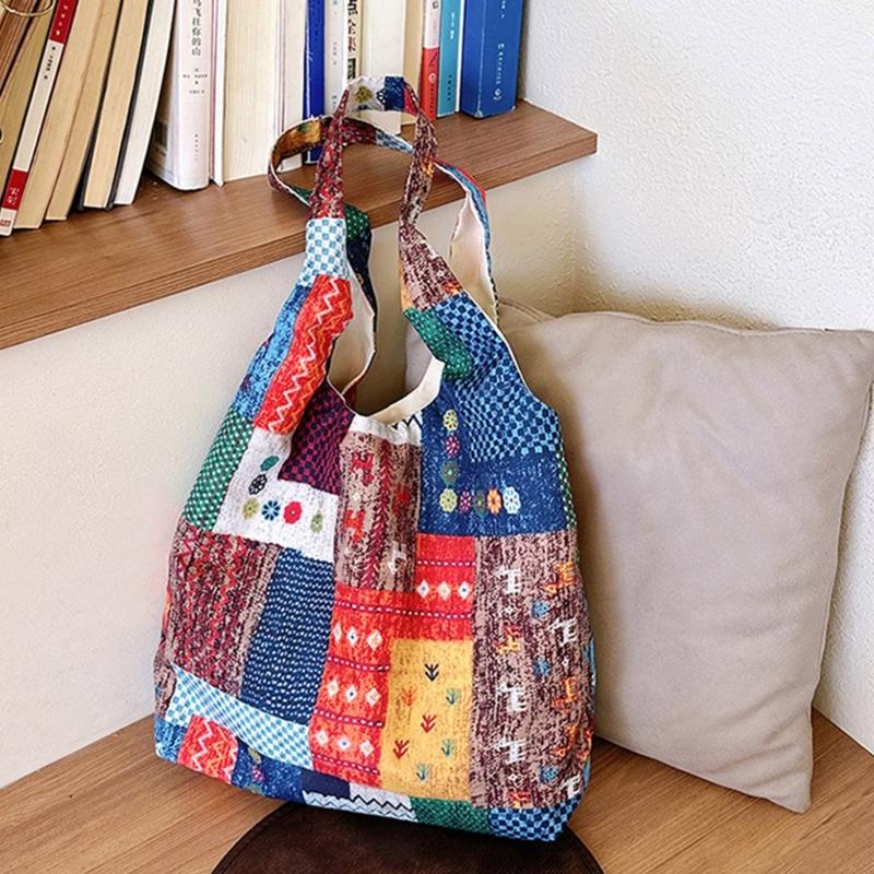 Aesthetic Canvas Toted Bag Reusable Shoulder Toted Bag for Women Casual Vacation,Shopping,Work,Gym Ethnic Style Cloth Bag