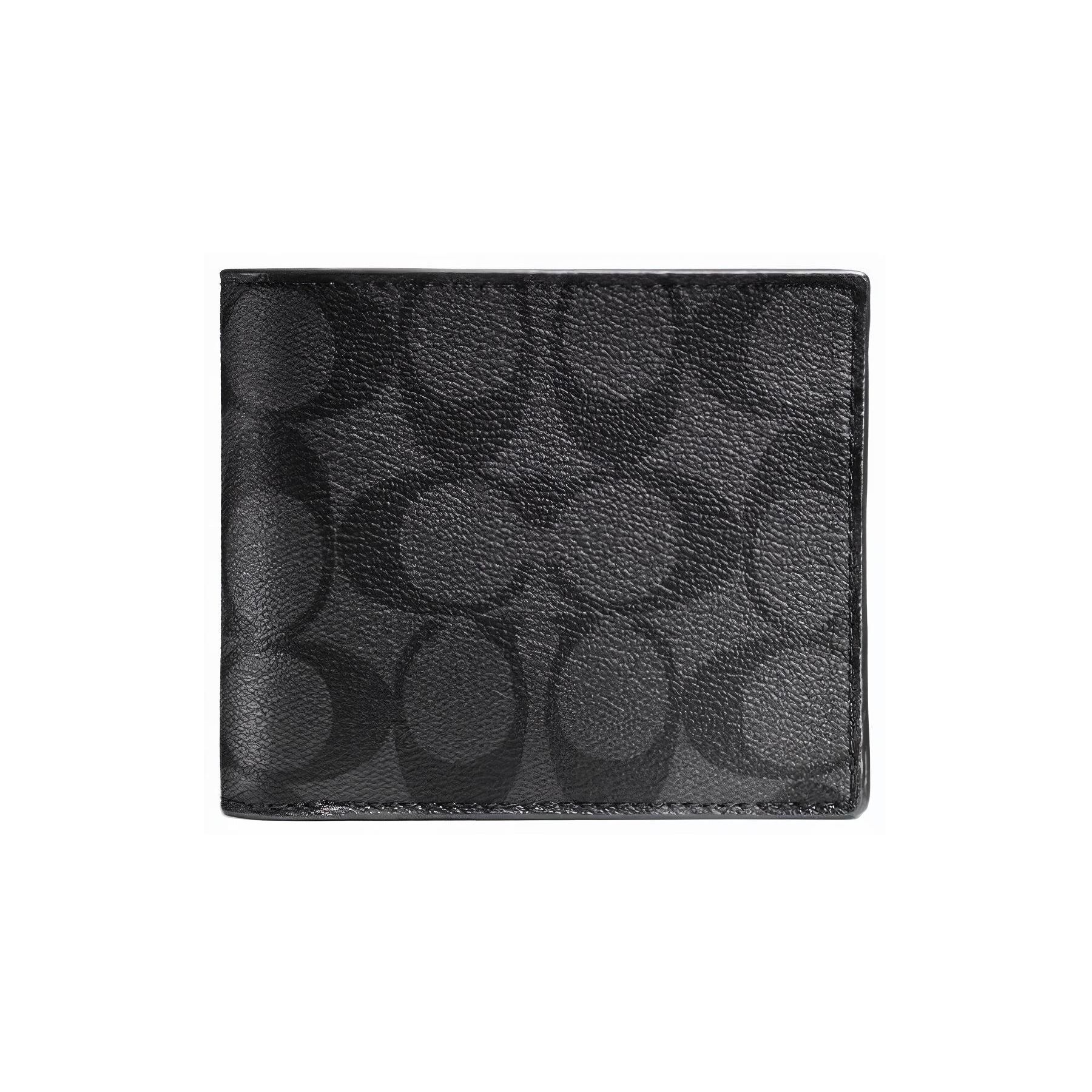 Coach 3 In 1 Wallet 11 Classic Monogram Double Fold Short Coated Canvas Mini Wallet Men Wallets Black Gray CR905-CQBK Gift Box Set (Basic Set+Yellow Box)