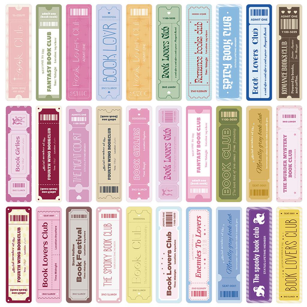 Set of 30 Book Lover Themed Bookmarks with Various Ticket and Club Designs for Reading Enthusiasts Durable Paper Material Suitable for All Book Sizes