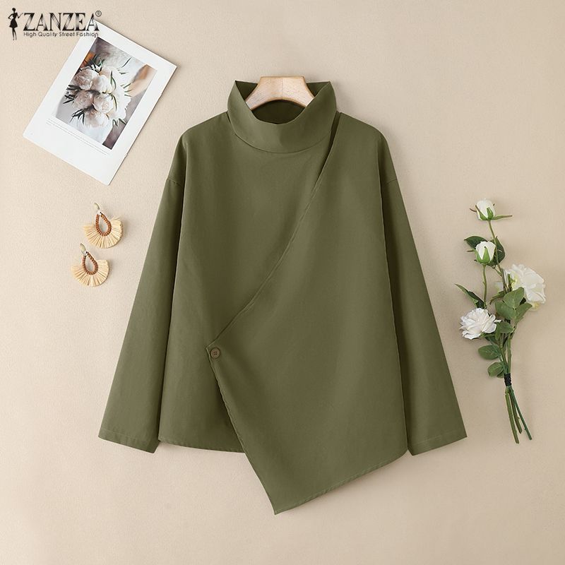 ZANZEA Women Casual Stand Collar Loose Long Sleeve Blouse