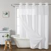 No Hook White Walf Striped Shower Curtain With Snap In Liner Set - Hotel Shower Curtain And Liner Set With See Through Mesh Top