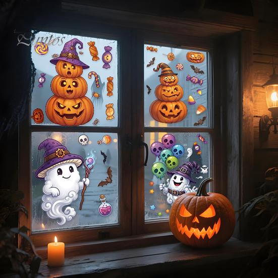 Decorative Window Posters Halloween Cartoon Cling Stickers, Ghost Pumpkin Candy Glass Decals, Self-Adhesive Removable Clings Art for Home Doors