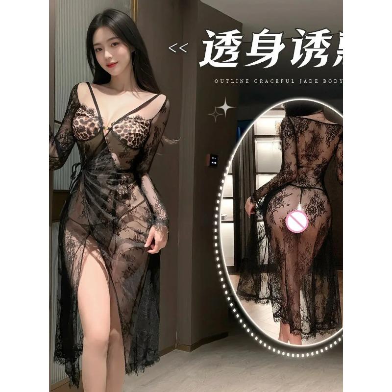 French Romantic Lace Temptation Dress Elegant Sexy Hip-revealing Flirting V Neck Hot Sexy Dresses Mesh Lace Sheer Top 9W1B