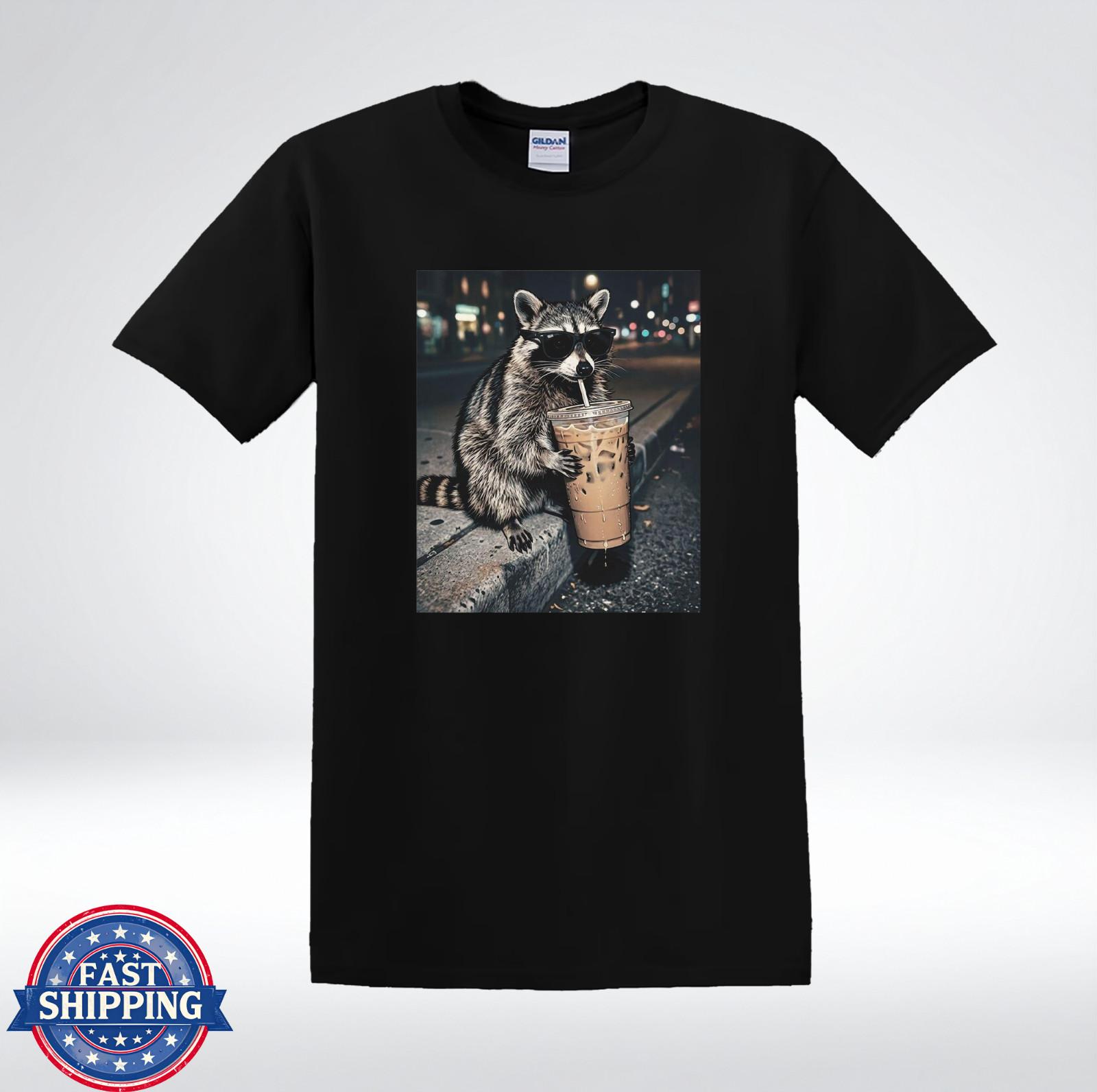Funny Raccoon Drinking Coffee Cool Animal Meme Graphic T-Shirt XXXXL