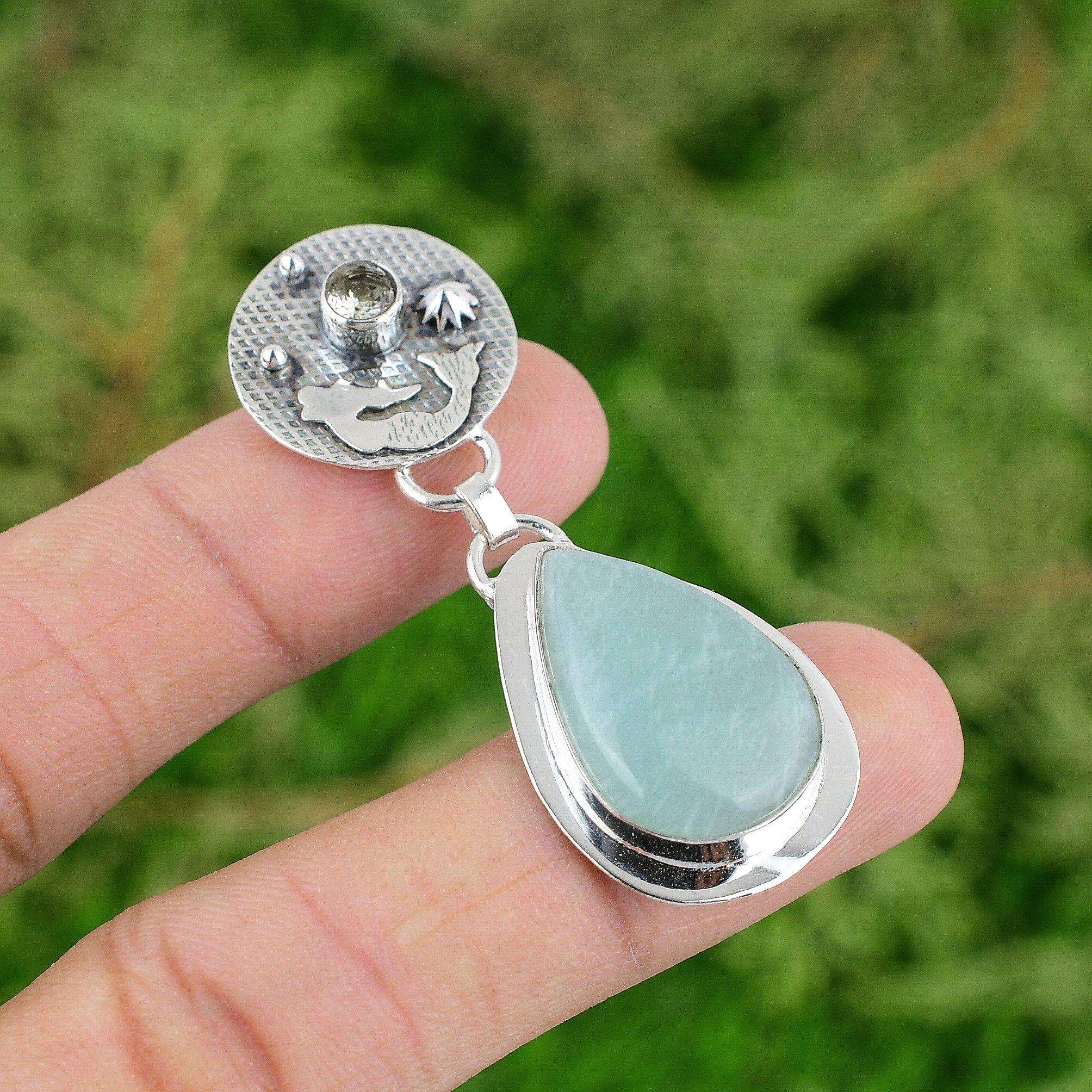 

925 Sterling Silver Amazonite Gemstone Green Amethyst Mermaid Pendant Jewelry