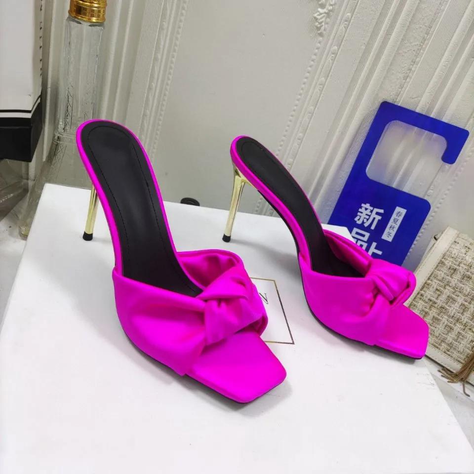 Fashion Satin Butterfly Knot Women Sandals Metal Thin Heel Sexy Square Toe High Heels Ankle Buckle Fashion Sandals Solid Color Shoe