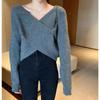 Autumn Korean Chic Waist Slim Casual Fashion Sexy Cross V-neck Sweater One-shoulder Knitted Long Sleeve Knitted Top