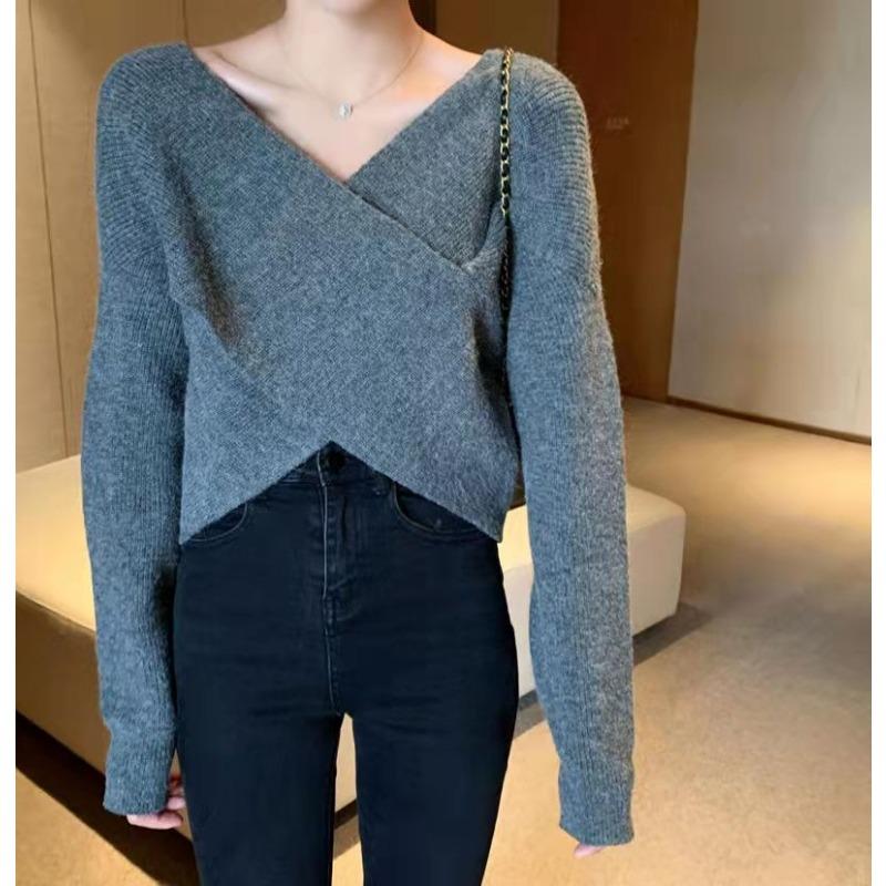 Autumn Korean Chic Waist Slim Casual Fashion Sexy Cross V-neck Sweater One-shoulder Knitted Long Sleeve Knitted Top