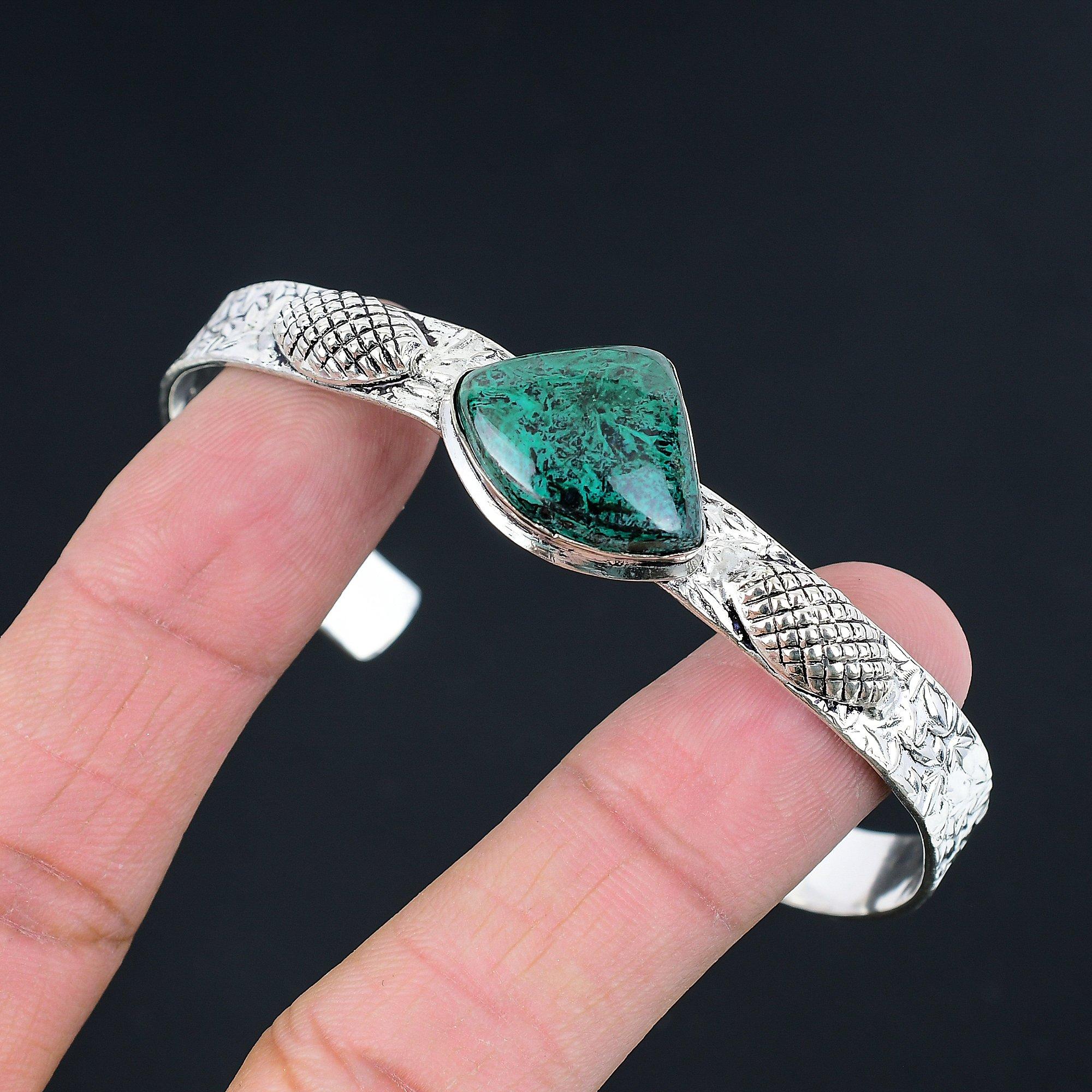 

Sterling Silver Trillion Heart Chakra Natural Malachite Daughter Bangle Jewelry Adjustable