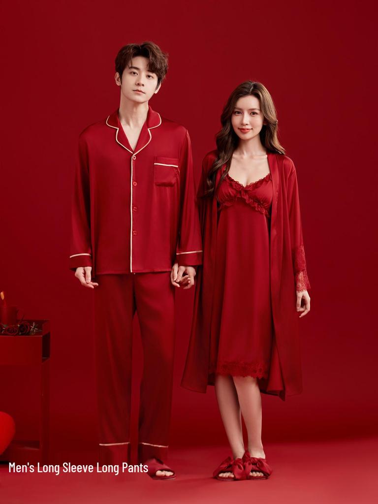 Rotes Seiden-Hochzeitspaar-Pyjama-Set: Damen- und Herren-Homewear-Slipkleid & Morgenmantel