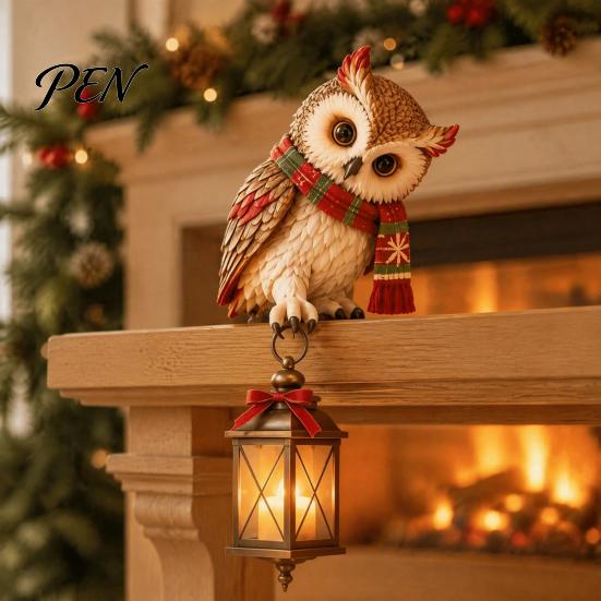 Office Desk Ornament Christmas Owl Figurine with LED Lantern, Resin Decorative Animal Sculpture, Unique Tabletop Craft Holiday for Living Room Bedroom