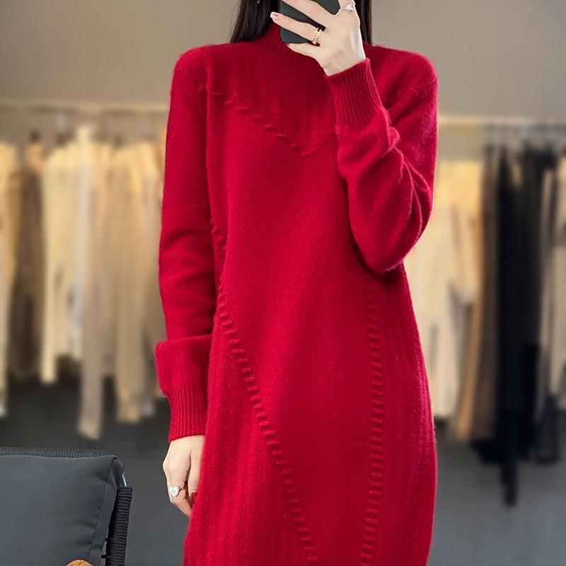 

Платье из шерсти с полувысоким воротником для женщин в осенне-зимнем стиле, облегающий свитер средней длины, мягкий и прилегающий к телу, теплый, юбка, закрывающая бедра S