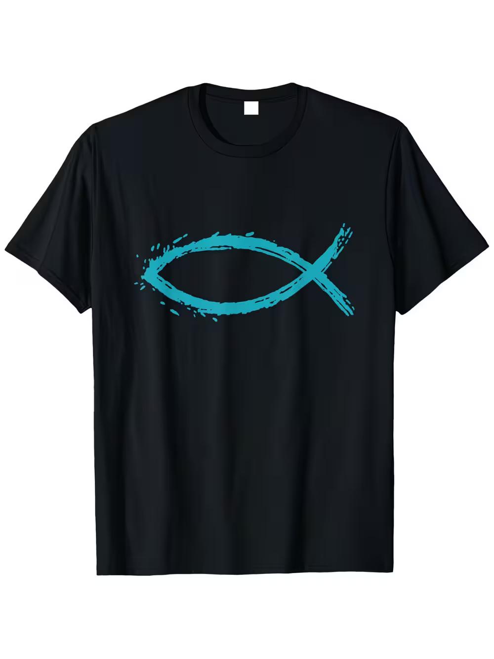 T-Shirt Featuring The Christian Symbol of The Ichthus Fish with a Black Background And Turquoise Design M