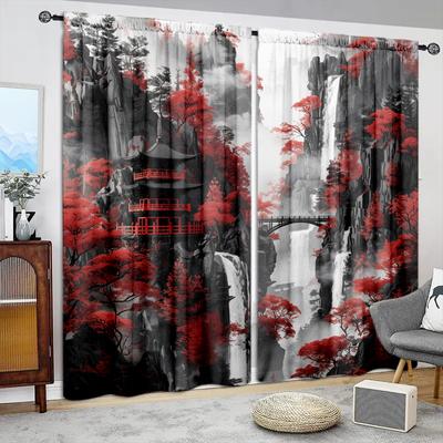 2 piezas Cortina Estampada de Pintura de Paisaje Negra para Decoración del Hogar - Tratamiento de Ventana con Bolsillo para Barra para Dormitorio, Oficina, Cocina