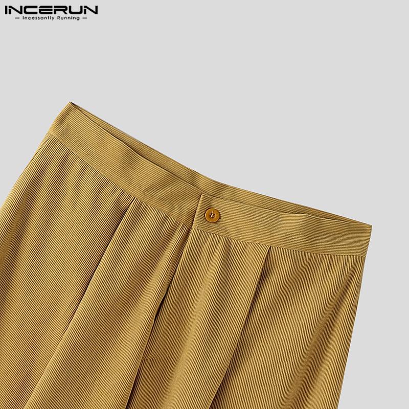 INCERUN Autumn Spring Men Zipper Waist Casual Corduroy Long Trousers Wide Legs Pants