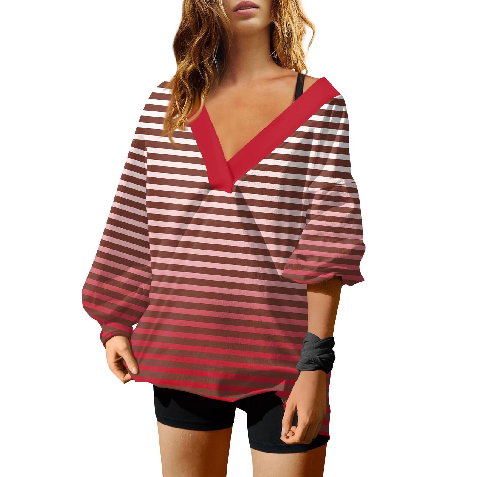 

Женская мода полосатый принт V-образный вырез длинный рукав свободный пуловер свитшот топ XL красный