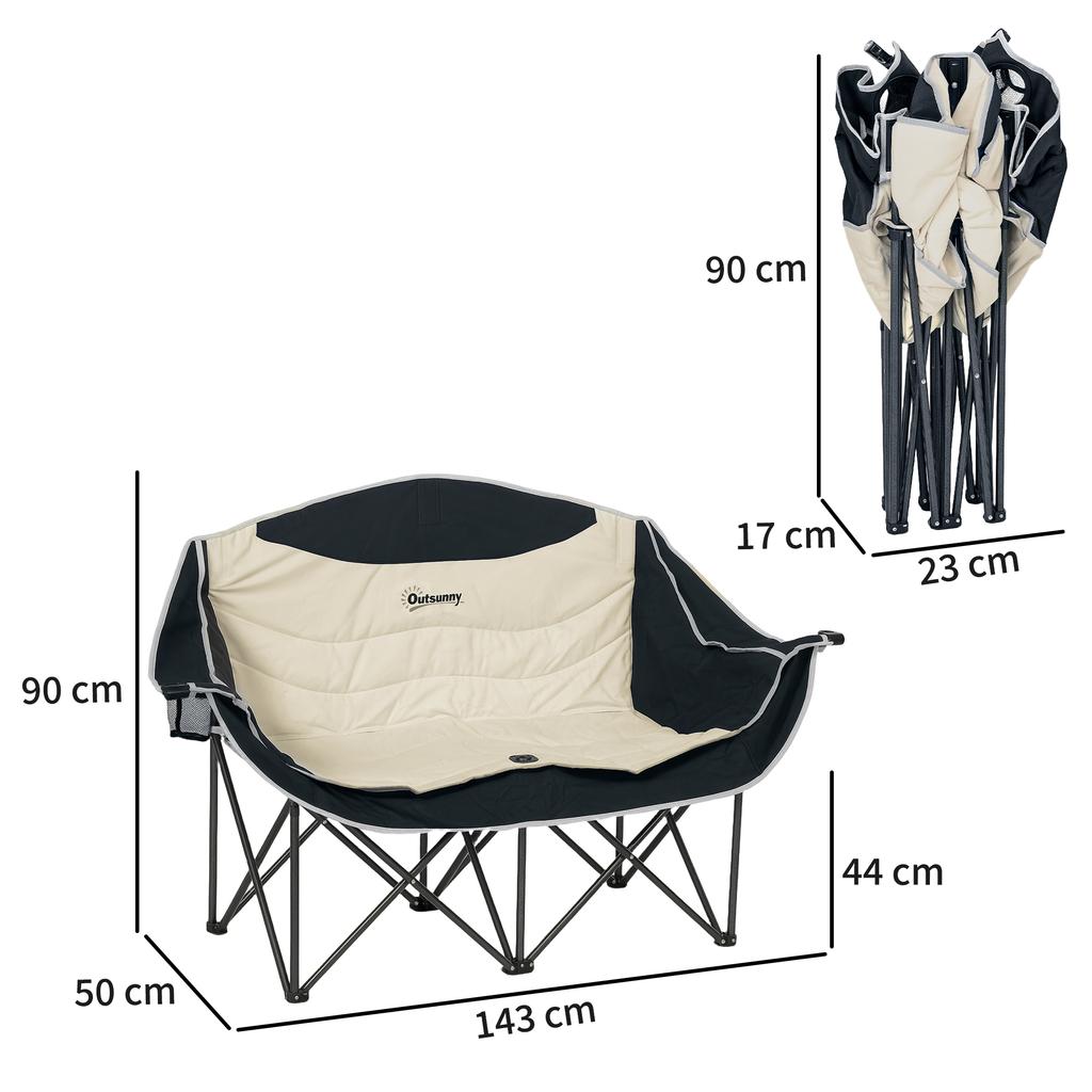 Folding Chair Foldable 2-Seater Camping Chair with Drink Holder Carry Bag Up To 250kg Load Capacity Khaki