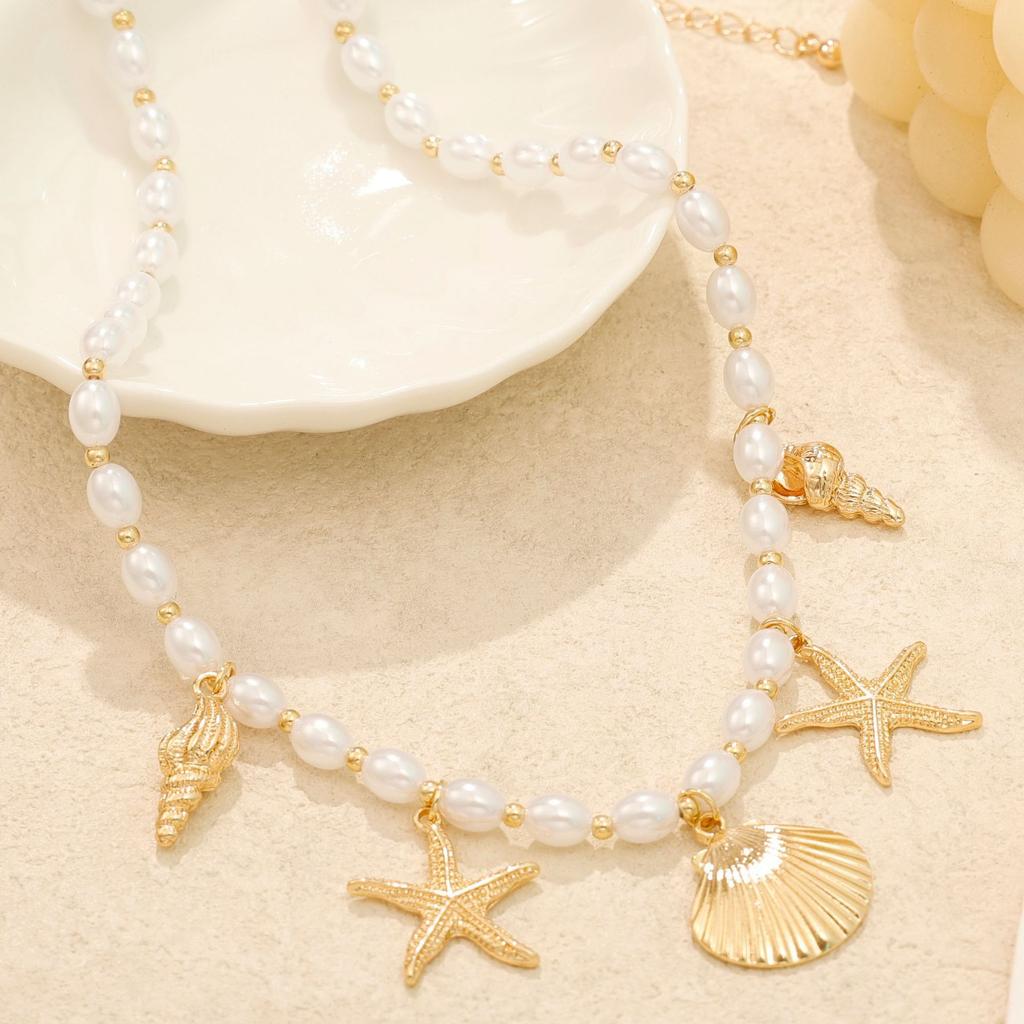 Temperament Ocean Element Metal Imitation Pearl Beaded Shell Conch Starfish Ladies Necklace