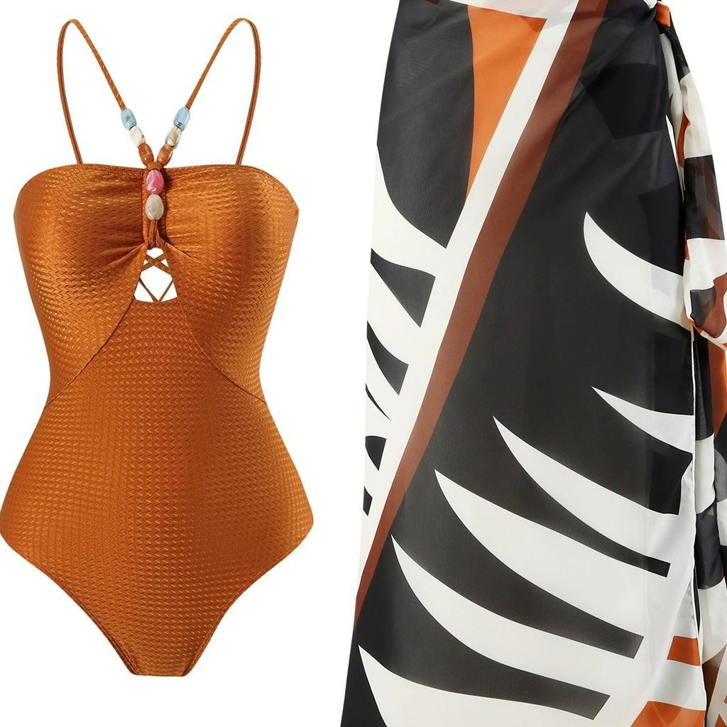 Charming Halter Neck Beaded Decor Hollow Out Bikini Swimsuit With Slit Skirt For Beach