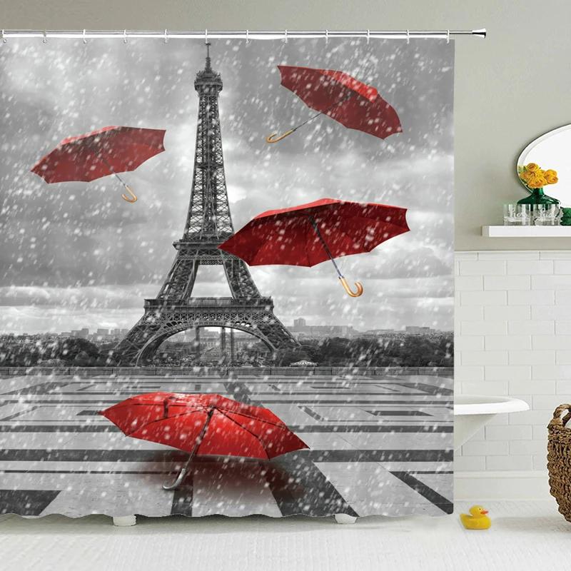 Eiffel Tower Paris Scenery Shower Curtain Vintage Scenery Cherry Blossom Butterfly Polyester Fabric Bath Curtains Bathroom Decor