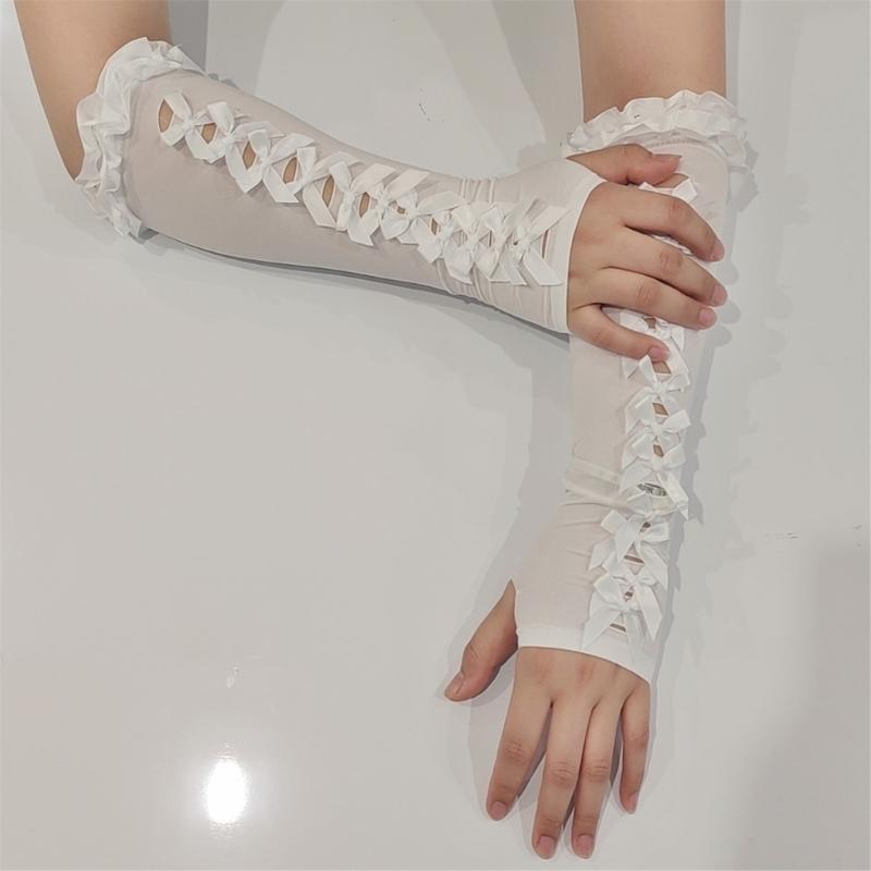 Lace Bowknot Anime Sun Protection Gloves Sun Blocking Soft Hollowed Arm Sleeves For Women Outdoor Daily Use