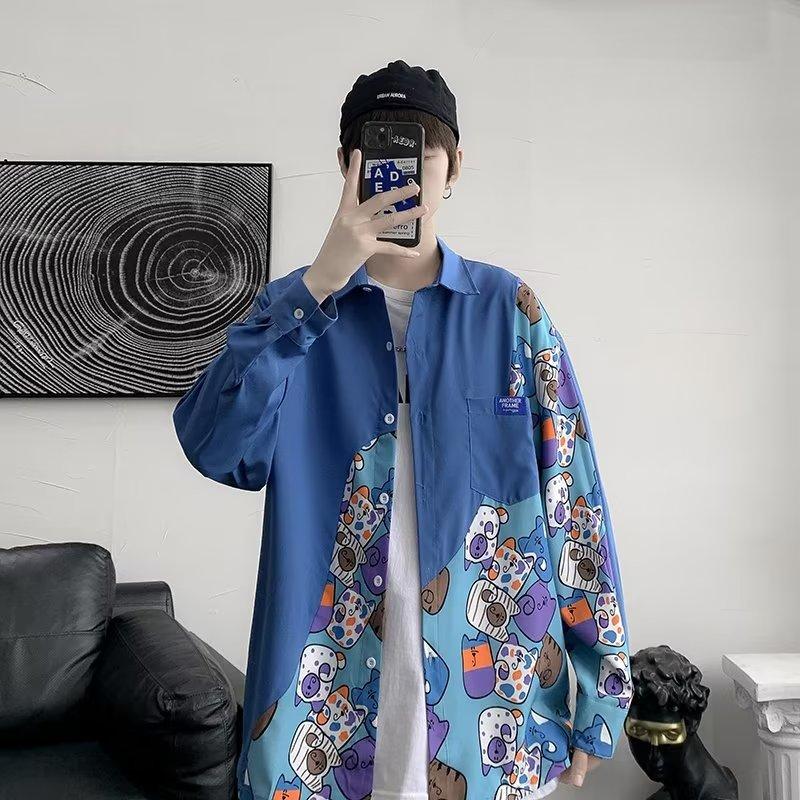 Spring and Autumn Cartoon Stitching Long-Sleeved Shirt Men's BF Loose Korean Style Couple Harajuku Style National Fashion Cardigan Jacket