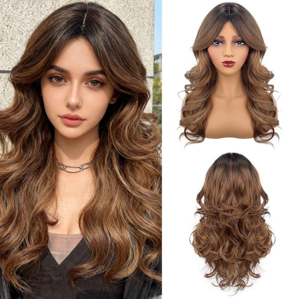 Gradient Brown Fashion Bangs Natural Curly Medium-Length Wig