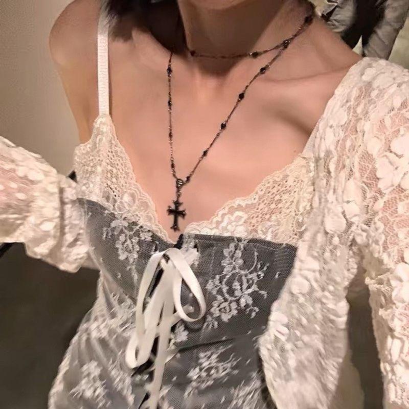Double-Layer Twin Dark Zircon Cross Pendant Necklace for Women Fancy Fashion Style Temperament Wild Clavicle Chain Necklace