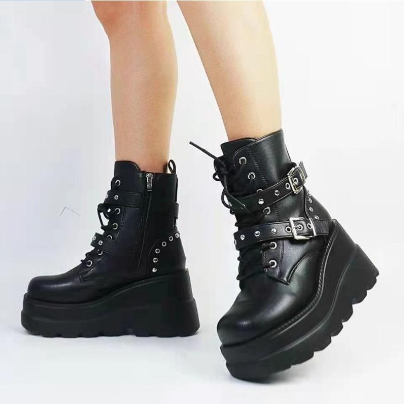 Woman Motorcycle Platform Boots Gothic Shoes New Women's Pu Leather Ankle Boots Women Autumn Winter Round Toe Lace Up Shoes