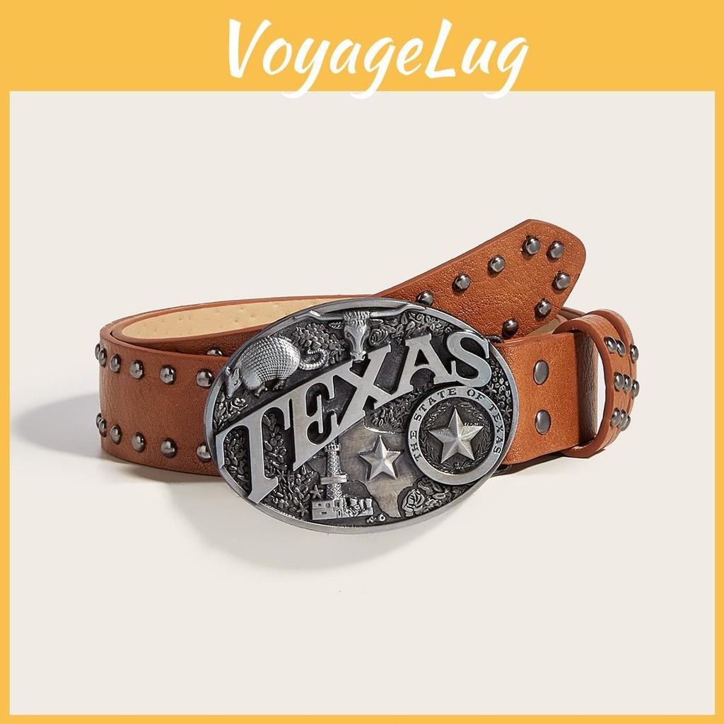 Punk Belt Leather With Hollow Rivet Decor And Letter Design Circular Buckle
