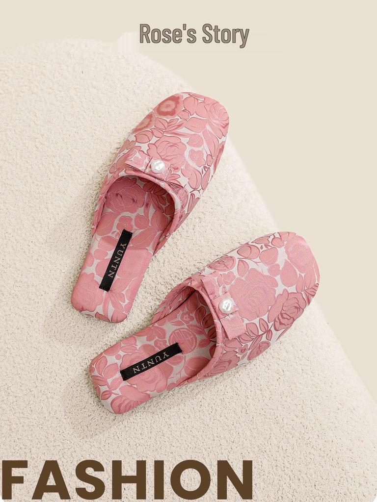 Elegant Rose Jacquard Ladies' Slippers - Anti-Slip, Lightweight, Home Comfort Shoes