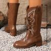 Fashion New retro high-top laced western cowboy boots for women, versatile for export, thick-heeled laced embroidered knight boots