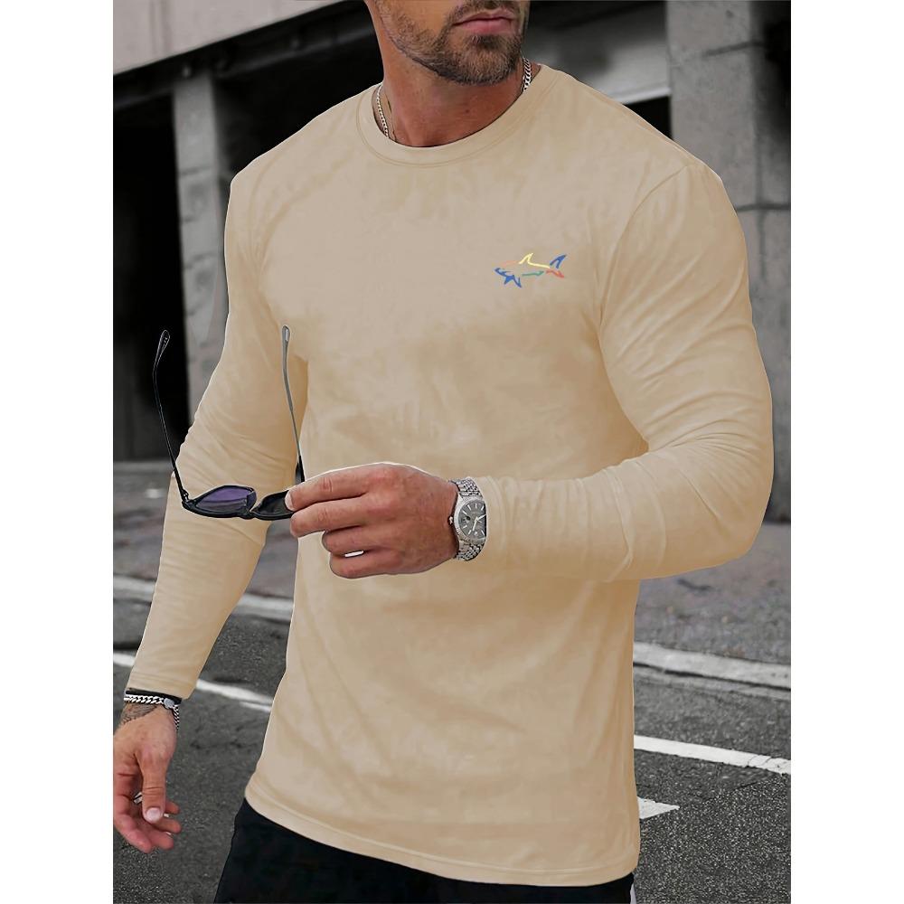 Men's Spring and Autumn Comfortable Casual Shark Pattern Printed Round Neck Long Sleeve T-shirt Top