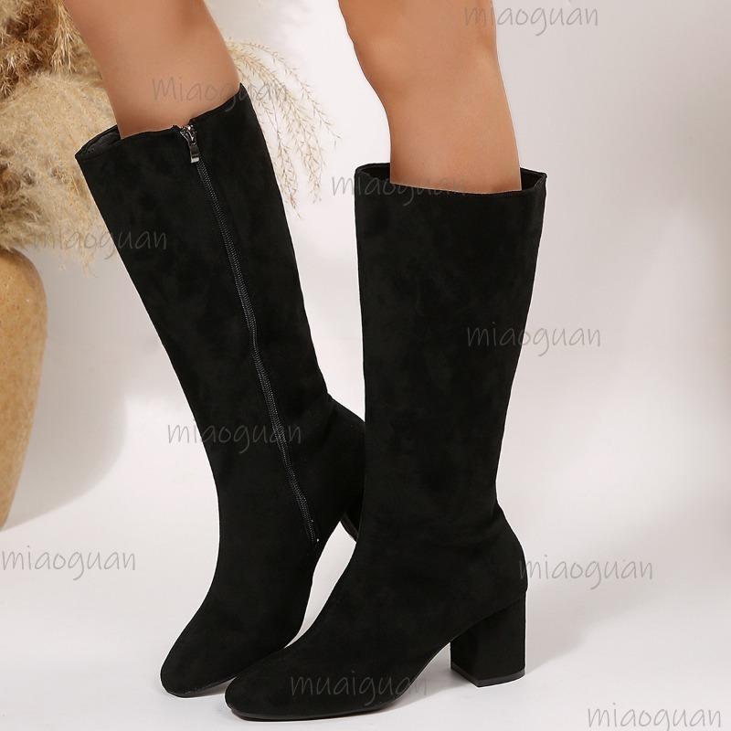 Autumn Winter Suede Women's Mid-Calf Boots Side Zipper Chunky Heeled Fashion Bottes Femmes Office Ladies Botas Altas Elegant
