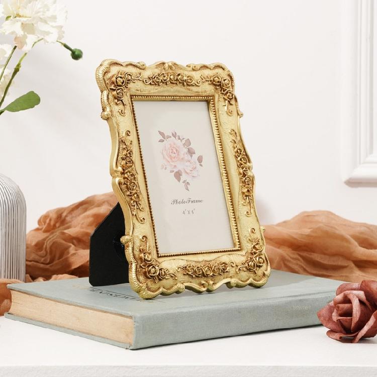 Antique Resin Wall Art Tabletop Golden Photo Frame Intricate Florals Embossed Picture Frame with Glass Front Home Decors