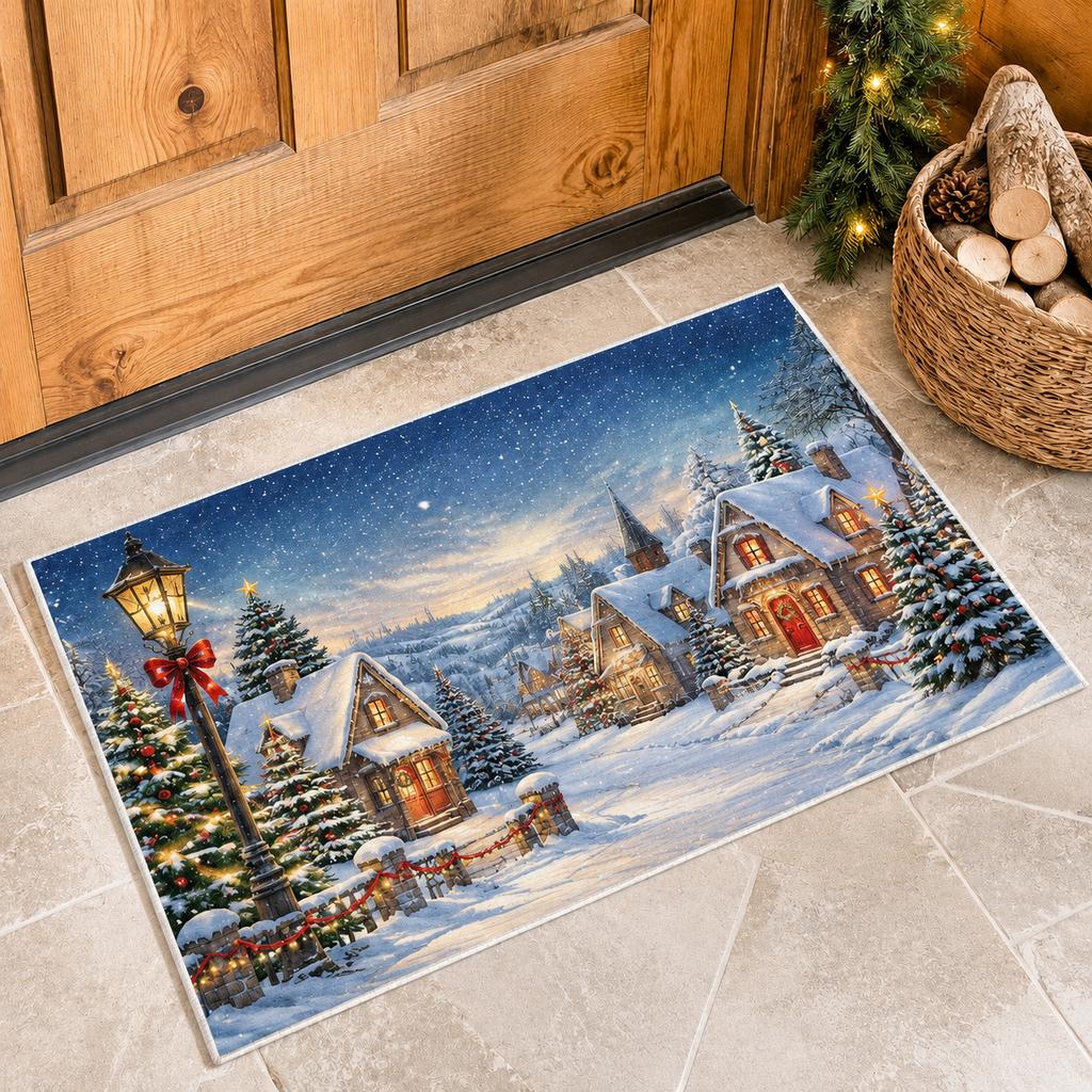 Snowy Winter Village Christma Doormat Holiday Decorations Anti-slip Super Absorbent Snow‑Covered House Street Entrance Floor Rug