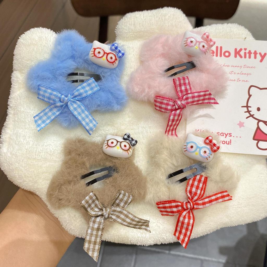 Autumn/Winter Cute Plaid Bow Star Kitten Hair Clip for Girls