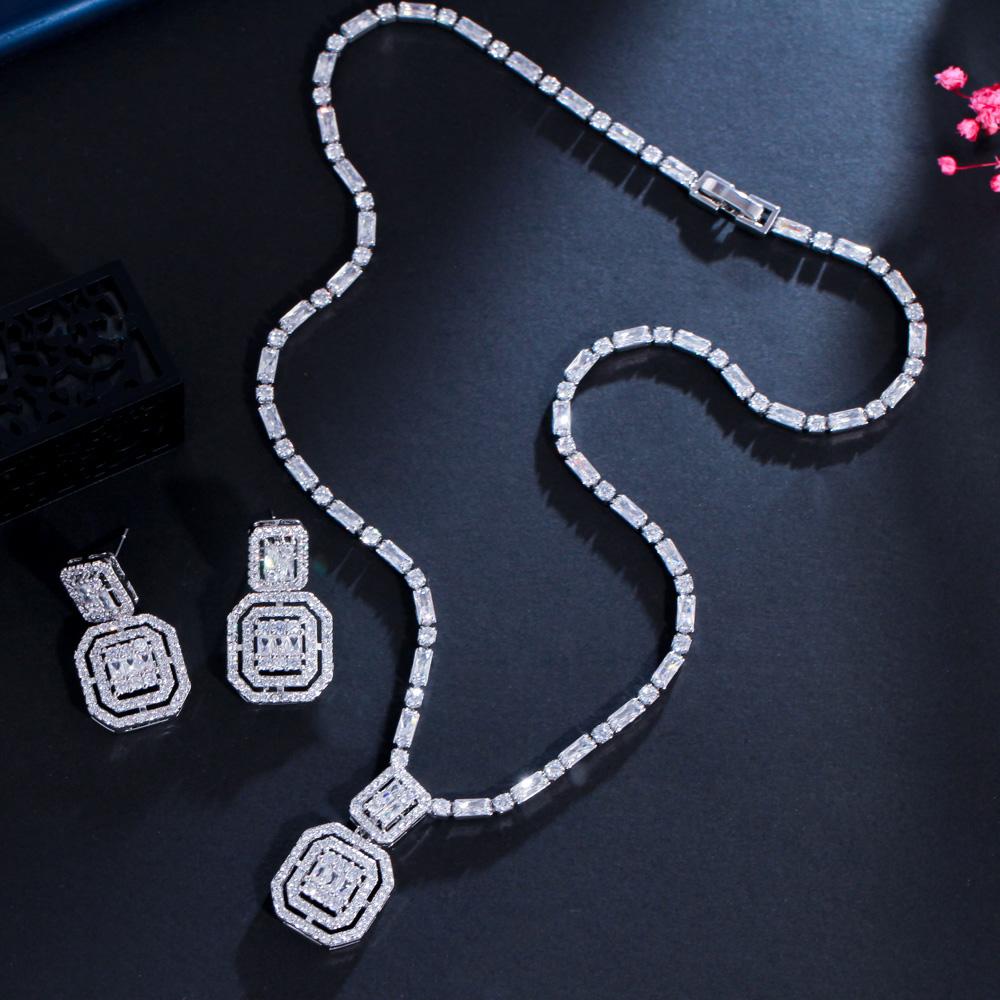 CMM Shiny Baguette Zirkonia Hochzeit Braut Party Halskette Ohrringe Mode Gold Farbe Schmuck Sets Zubehör