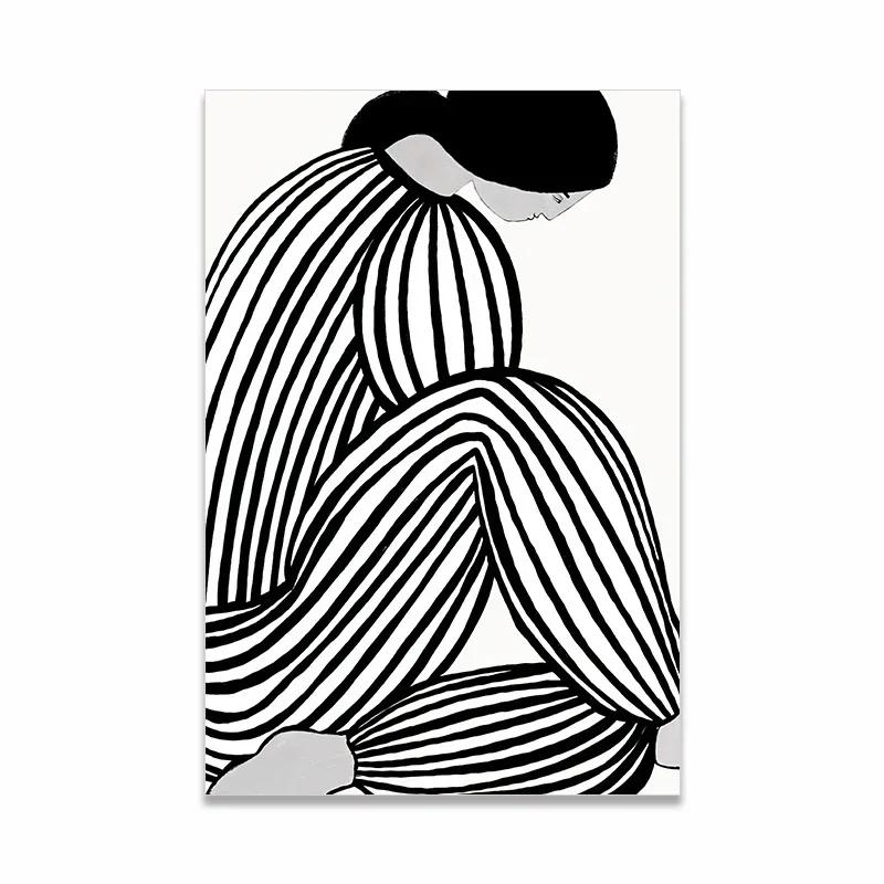 Arte de Parede Minimalista Escandinava Pintura a Óleo Abstrata Moderna Preto e Branco Impressão de Poster Decoração para Casa Quarto Sala de Estar